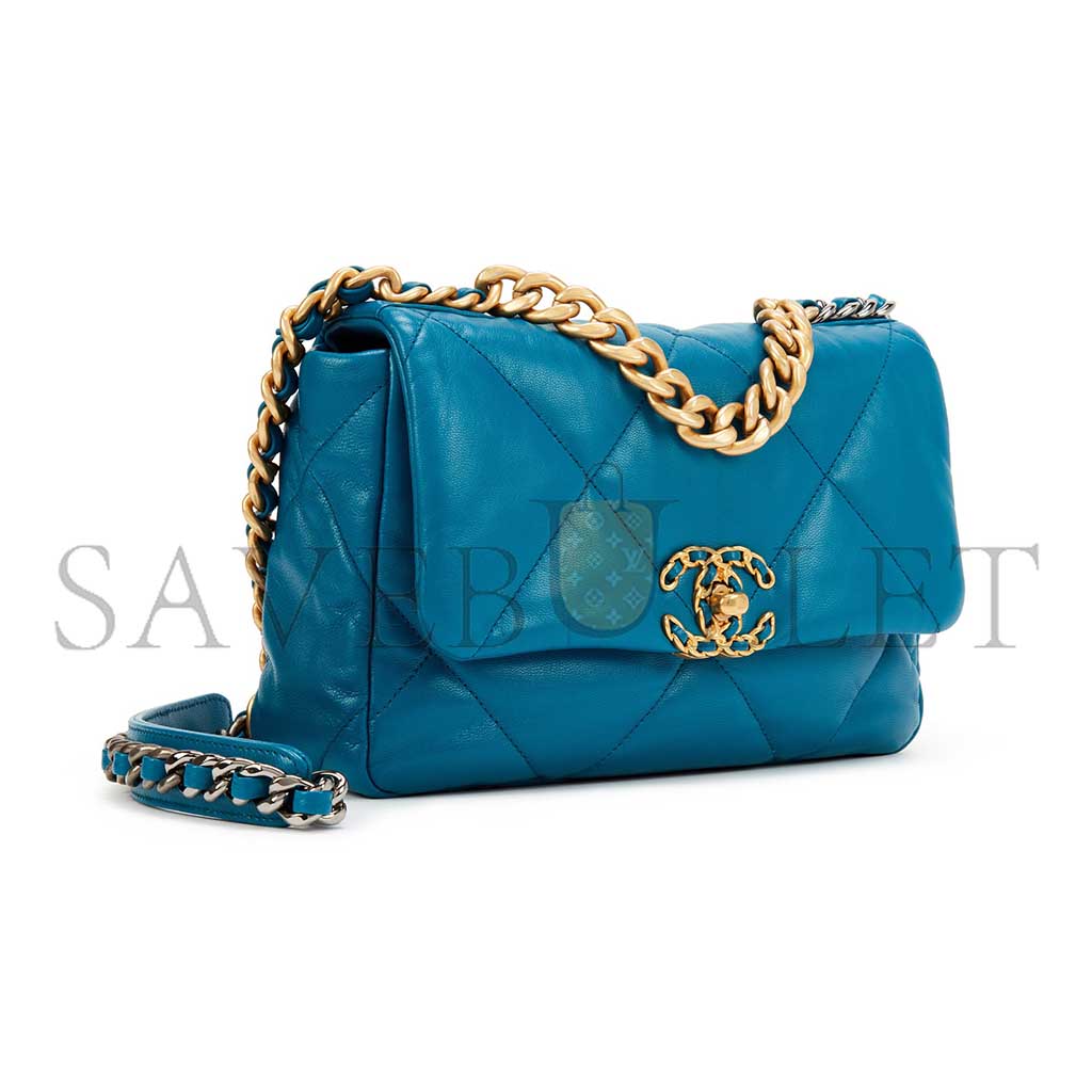 CHANEL 19 FLAP BAG IN TEAL BLUE LAMBSKIN AS1160 (26*16*9cm)